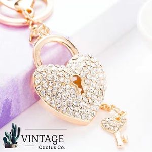 New! Rhinestone Heart Lock & Key Bag Charm/Keychain (White w/Gold Tone Hardware)